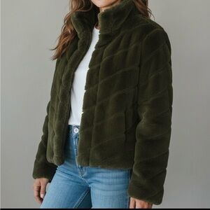 Ci Sono Olive Green Faux Fur Fitted Teddy Jacket Size Large Zip/snap